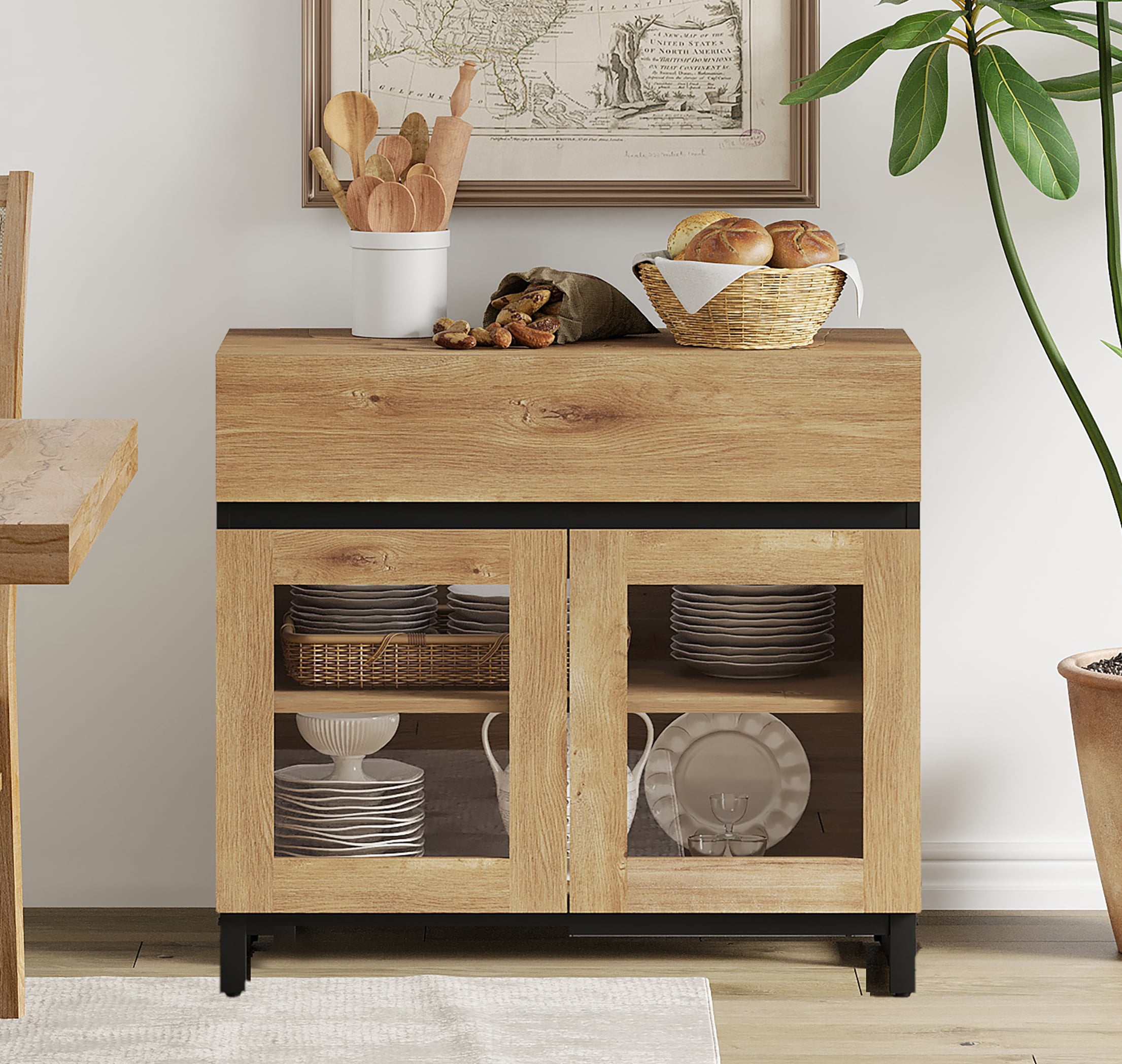WAMPAT Modern Sideboard Buffet Cabinet with Glass Door & 1 Drawer, Adjustable Shelf Credenza, Coffee Bar Storage Cabinet for Living Room & Kitchen