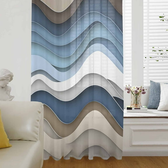 Blue Beige Ombre Semi Sheer Curtains Drapes for Living Room, Bedroom, French Doors Window 84 Inches Long, Moire Geometric Abstract Modern Rod Pocket Chiffon Curtain Drapery Voile Draperies Panel