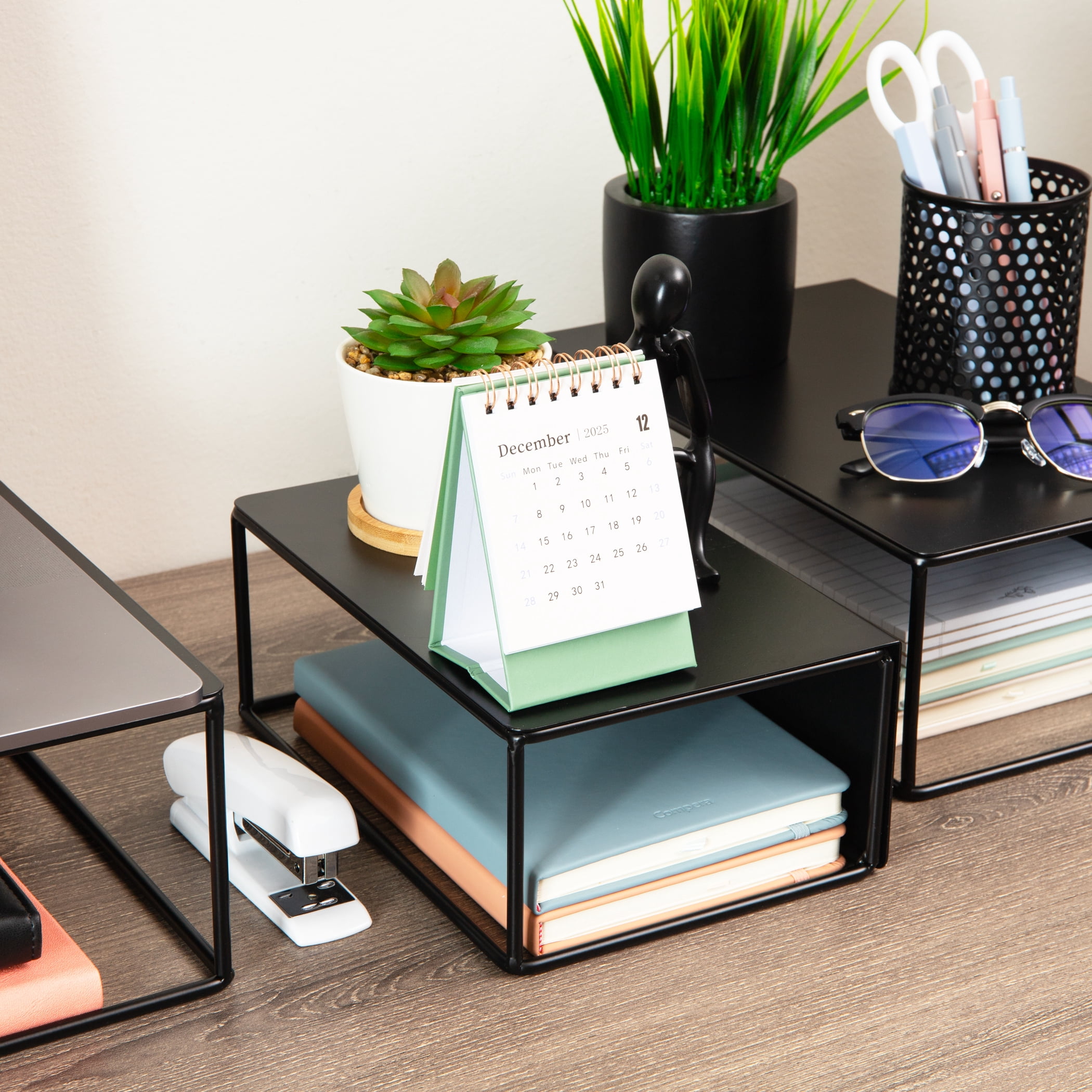 Mind Reader 3 Piece Metal Desktop Riser Set for Monitor, Laptop, and Office Organization, Set of 3, Black