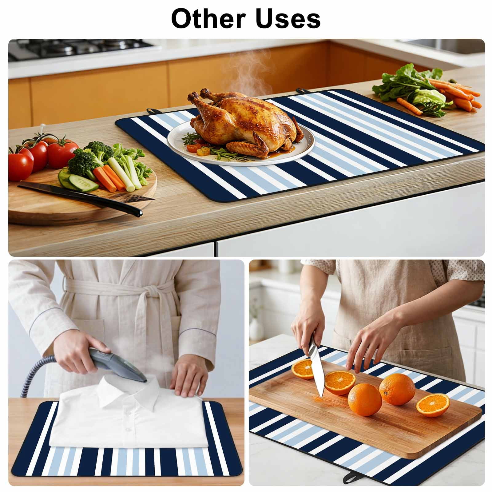 Navy Blue Stove Top Cover for Electric Stove, Heat-proof & Non Slip Glass Top Stove Cover Protector, Modern White Geometric Vertical Stripes Kitchen Flat Cooktop Rubber Mat 24x21 Inches