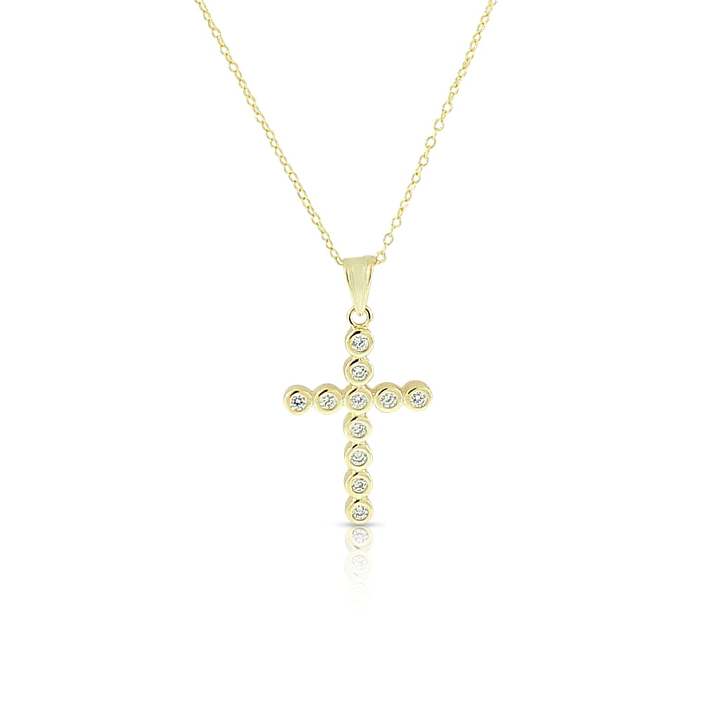 Sterling Silver Yellow Gold-Tone Bezel-Set White CZ Latin Cross Pendant Necklace 