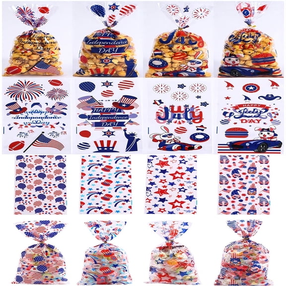 Youersen Clear Treat Bags with Gold Twist Ties for Independence Day Party Favors & Holiday Supplies, 100 Pcs