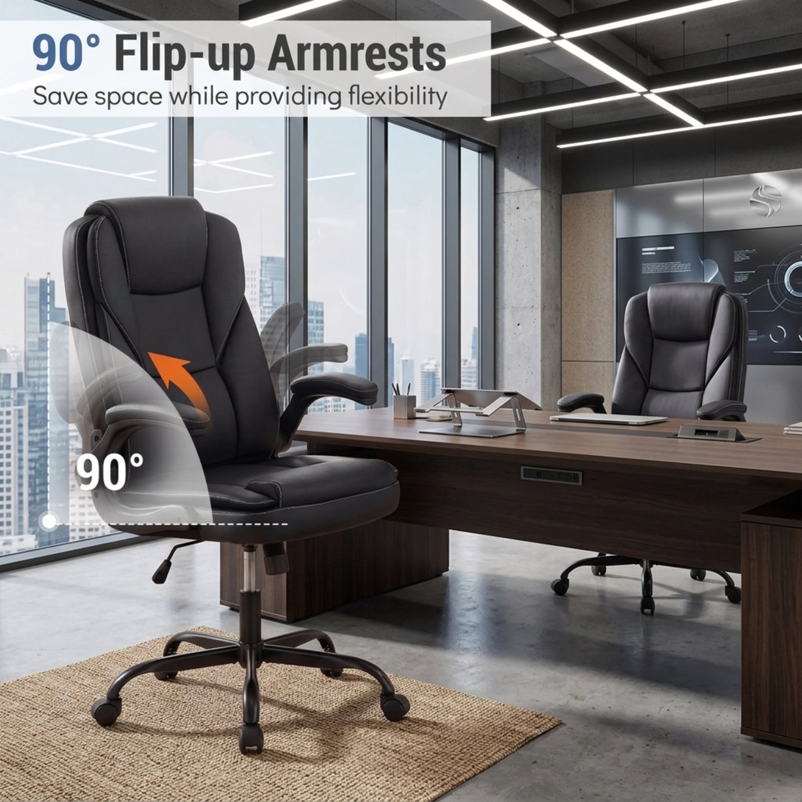 Furnibear Leather Office Chair and Ergonomic Computer Desk Chair with Flip Up Armrests Rocking Function Swivel Seat and Height Adjustment, Black