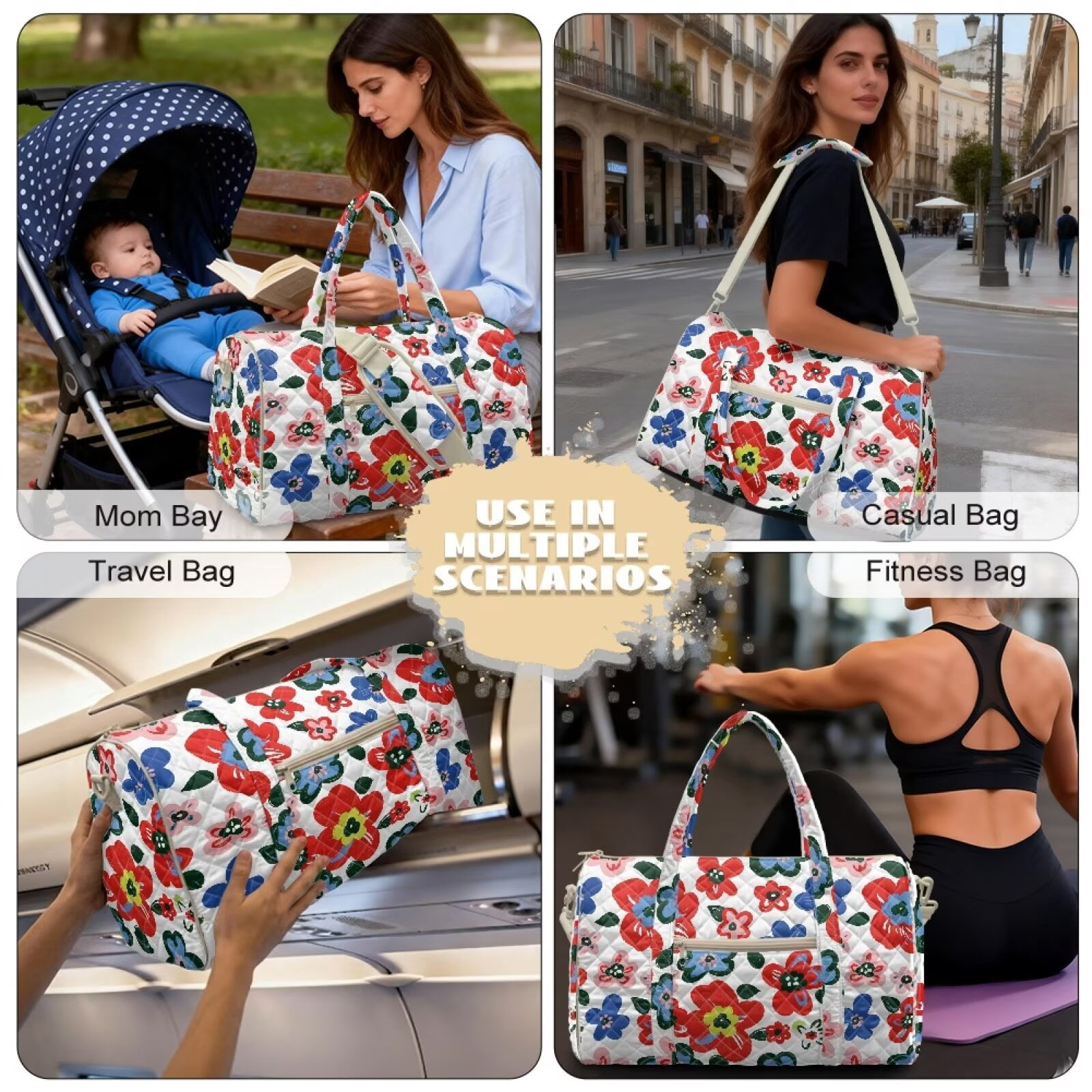 Garronmavis Large Floral Quilted Duffle Bag for Women, Cute Weekender Travel Carry On Overnight Bag with Pockets for Gym, Dance, Hospital Labor & Delivery
