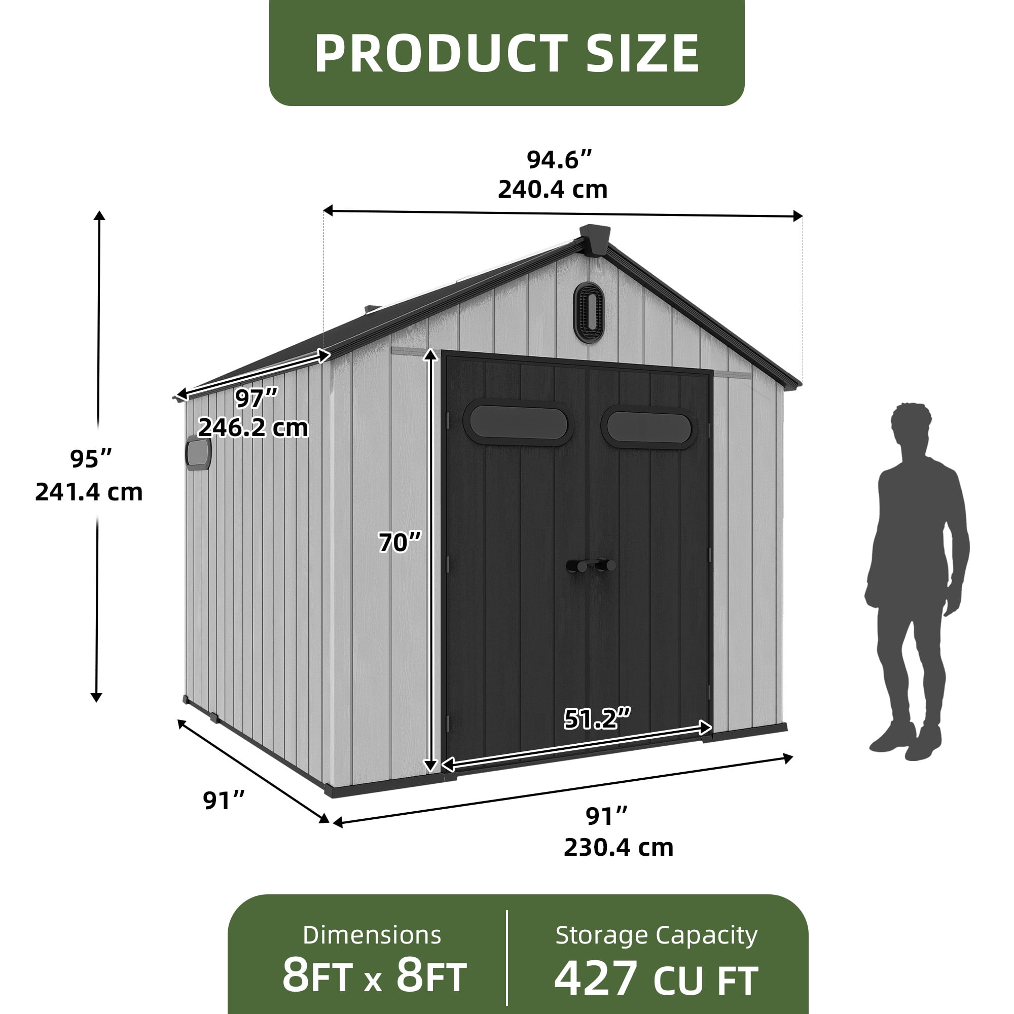 Uforic 8x8ft Outdoor Resin Storage Shed with Floor, 427cuft Garden Shed with Lockable Door, Windows & Vents, Plastic Tool Storage, Waterproof