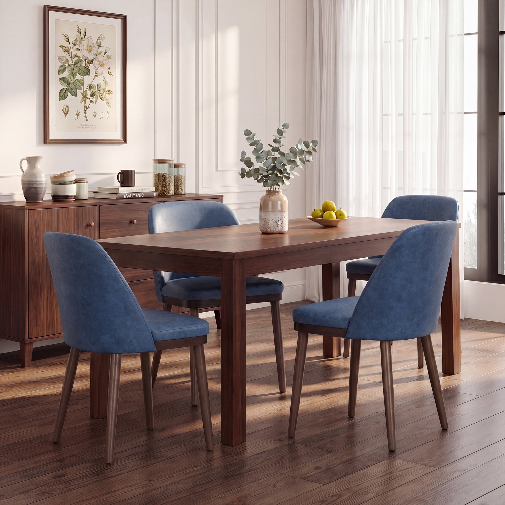 Modern Upholstered Dining Chairs Set of 4 — Faux Leather Padded Side Chairs with Solid Wood Legs for Kitchens and Dining Rooms, Blue