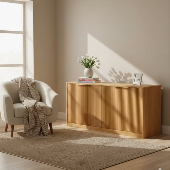GOMYHOME 59" Modern Wavy Sideboard, 4-Door MDF Storage Cabinet for Living Room, Natural