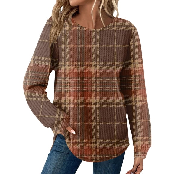 Kixjoy Womens Long Sleeve T Shirts Plus Size Fashion Crewneck Tunic Top Plaid Waffle Knit Loose Fit Shirts Casual Fall Blouses for Women, Brown S