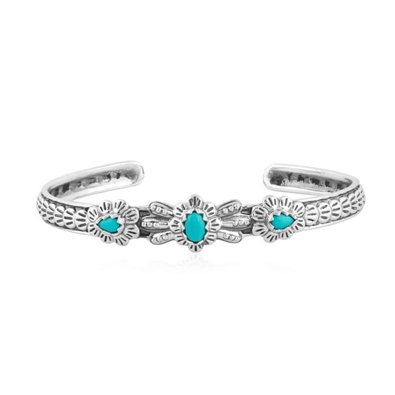 Sterling Silver Sleeping Beauty Turquoise Flower Concha Cuff Bracelet, Sizes Small to Large