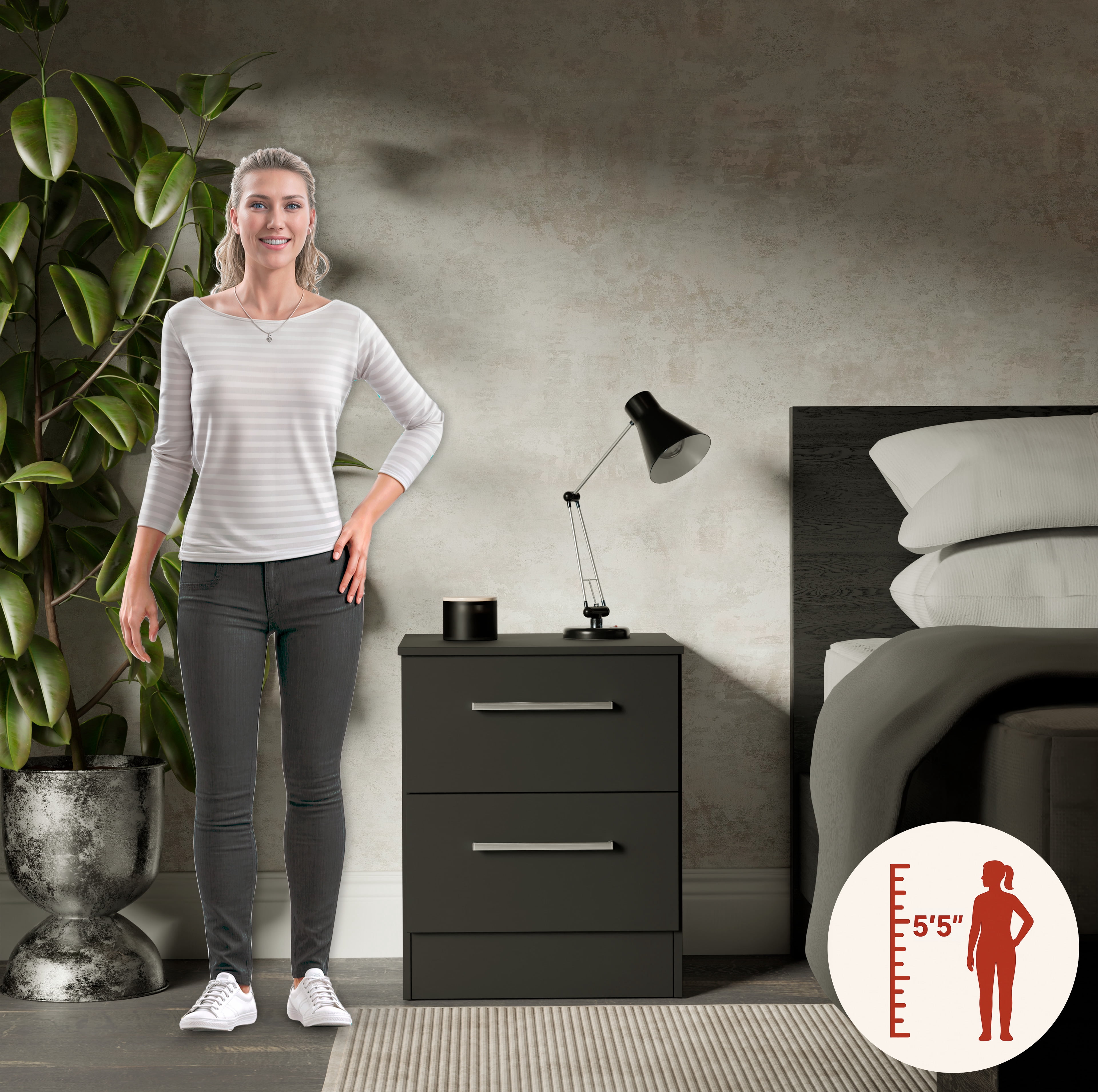 Kappesberg Jolyne 2-Drawer Nightstand Set of 2, Modern Black Bedroom Storage - for Adults and Teens