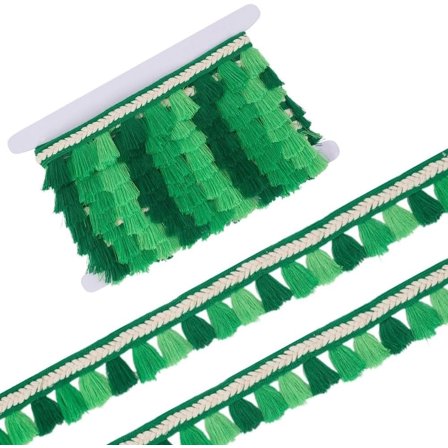 1.5 Inch Green Tassel Fringe Trim Ethnic Ribbon Boho Polyester Decorative Braid Edge Fabric Trimming Set for Sewing Making Crafts Clothes Dress Curtain Costume Home Decor DIY Supply