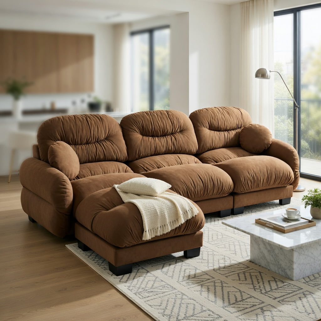 Hommoo Chenille L-Shaped Modular Sectional Sofa with Ottoman, 3-Seater Pleated Back Design, Ergonomic High-Density Foam Cushions & 2 Round Throw Pillows, Brown