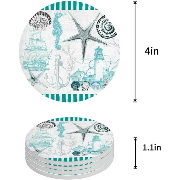 FMSHPON Elements Seahorse Starfish Conch Aqua Green Set of 8 Round Coaster for Drinks, Absorbent Ceramic Stone Coasters Cup Mat with Cork Base for Home Kitchen Room Coffee Table Bar Decor