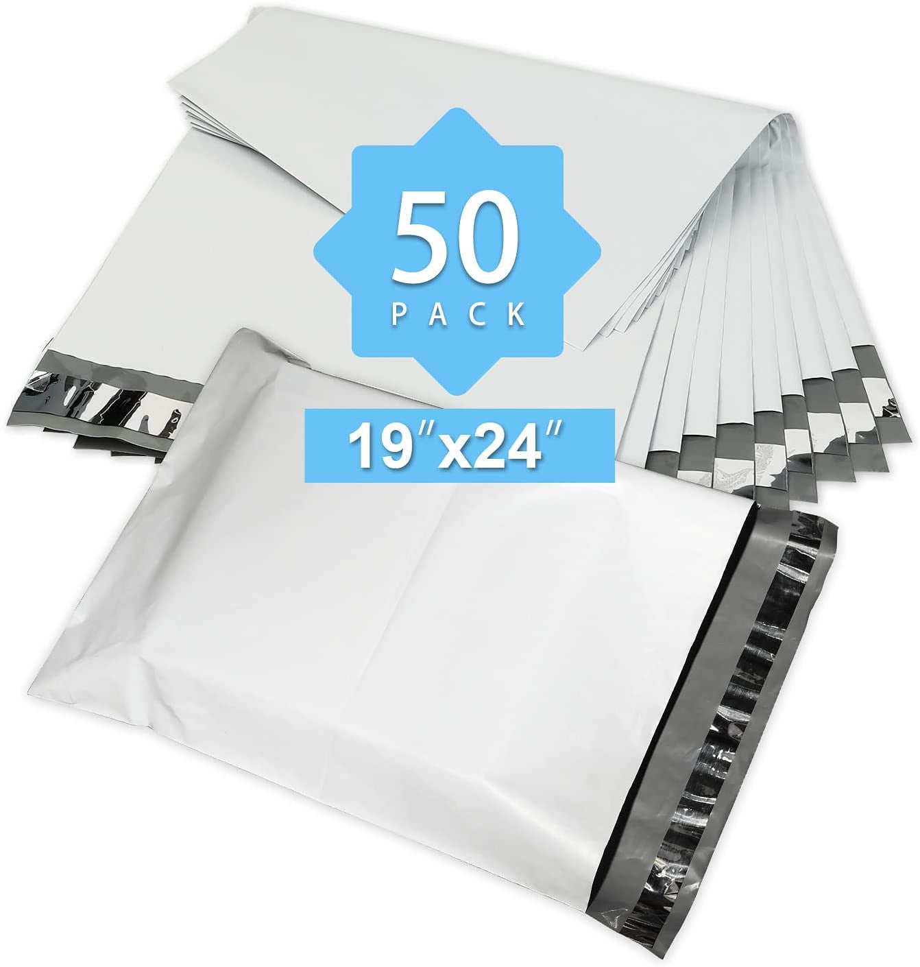 WHITE 50 BAGS OF 17x24 INCH STRONG POLY MAILING POSTAGE POSTAL 55MU SELF SEAL 