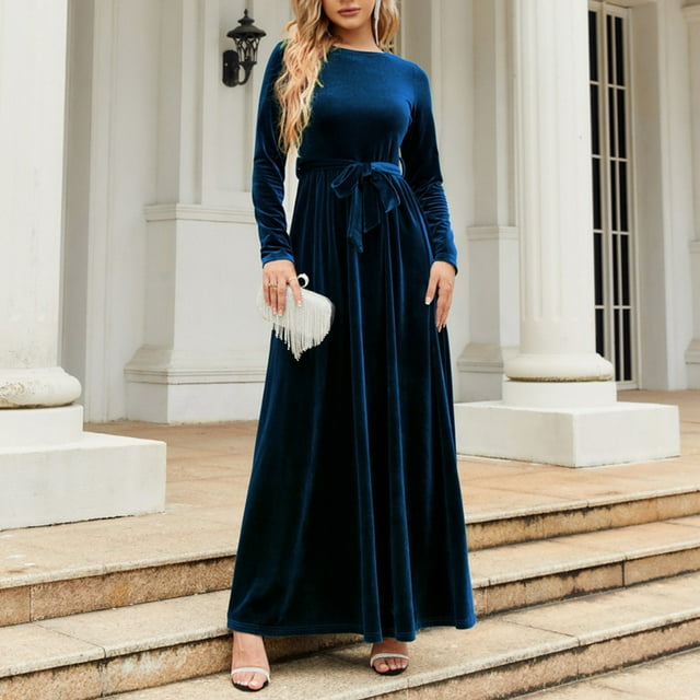 Vestido largo para mujer, cuello redondo, manga larga, cintura alta, correa, color puro, vestido largo para otoño invierno, azul oscuro XXL