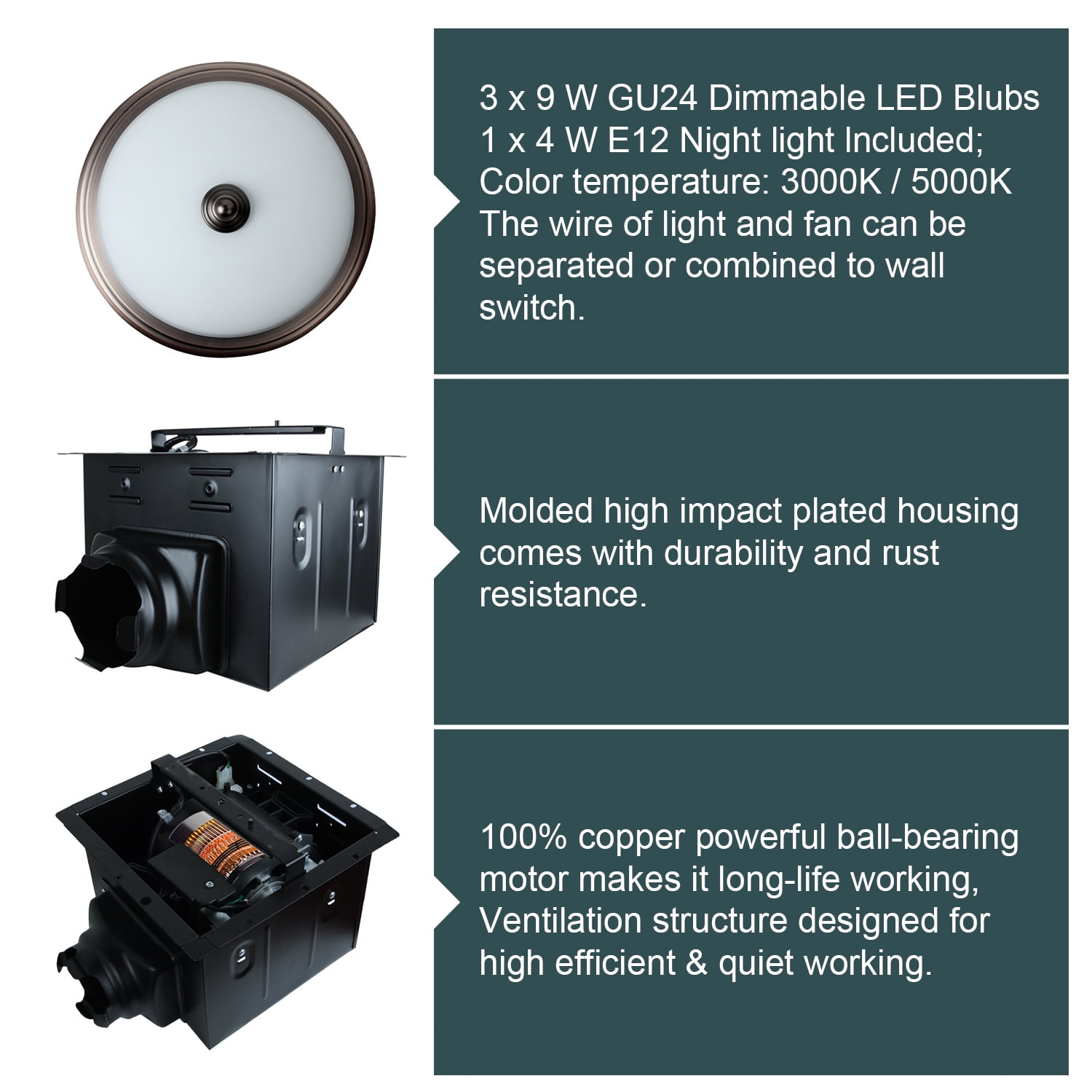 Ultra Quiet Bathroom Exhaust Fan with LED Light & Nightlight 110 CFM 1.5 Sone Bathroom Ventilation Fan with Round Frosted Glass Cover Oil Rubbed Bronze