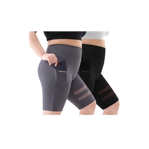2 Pack Biker Yoga Shorts with Pockets for Women,High Waisted Athletic Running Workout Gym Shorts Black Gray
