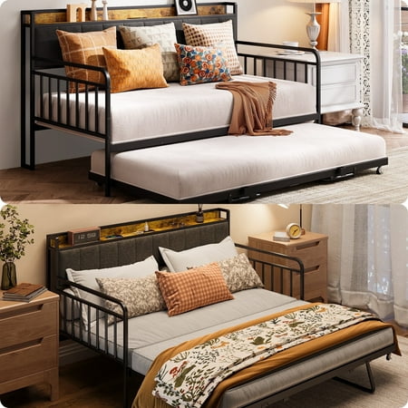 Daybed with Trundle and Storage, Lofka Twin Size Bed Frame with Charging Station and Upholstered Storage Headboard, Pop-up, Metal Frame, Dark Gray