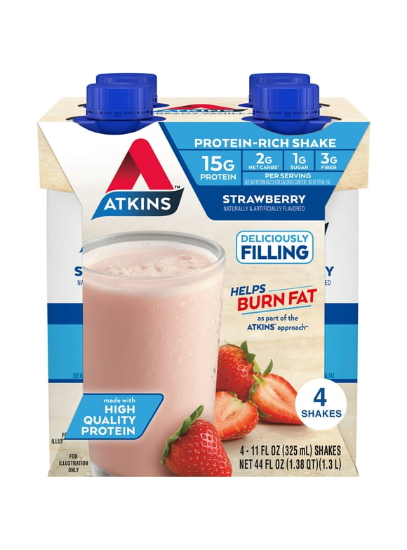 Atkins Protein Shake, Strawberry, Keto Friendly, Gluten Free, 4 Ct (Ready to Drink)