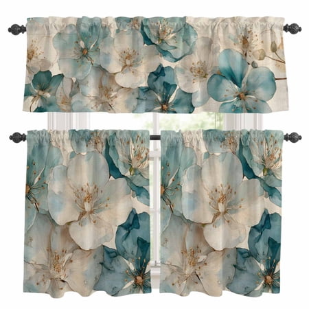 3 Piece Kitchen Curtains and Valances Set Vintage Cherry Blossom Cafe Curtains 36 Inch Length Blue Teal Floral Farmhouse Valance & Tier Curtain for Living Room Bedroom Small Window 54 x18 +27 x36 *2