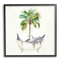 Stupell Industries Dolphins in Bath Tub Palm Tree Animals & Insects Painting Black Framed Art Print Wall Art