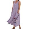 QIUOMBBP Robe Maxi Fluide pour Femmes Grande Taille à Imprimé Floral Sans Manches en Lin avec Poches Ample d'Été Décontractée pour la Plage Violet P