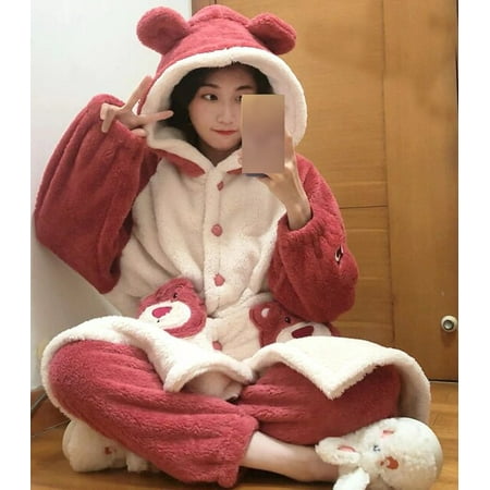 

PIKADINGNIS Bear Cosplay Robe And Pants Two Pieces Set Womens Girls Pajamas Set Winter Warm Plush Sleepwear Flannel Nightgown Suit Homewear