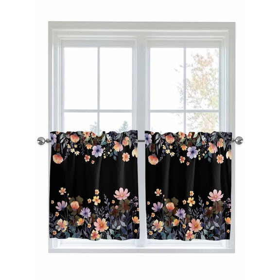 Black Spring Floral 2 Panel Kitchen Curtains for Small Windows, Elegant Flowers Farmhouse Botanical Bathroom Tier Curtain, Short Window Treatment for Bedroom/Living Room 55"x24"