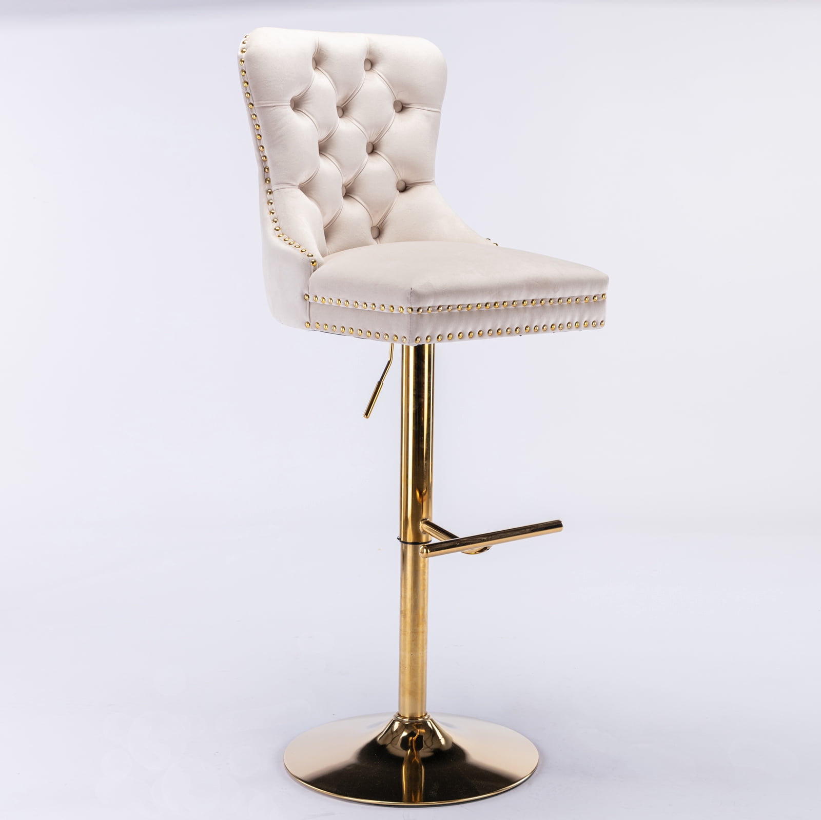 Yoneston Bar Stools Set of 2, Adjustable Height Bar Stools with Tufted Velvet Upholstery, Nailhead Trim & Gold Metal Base, Modern Counter Stools for Pub, Kitchen Island, Beige