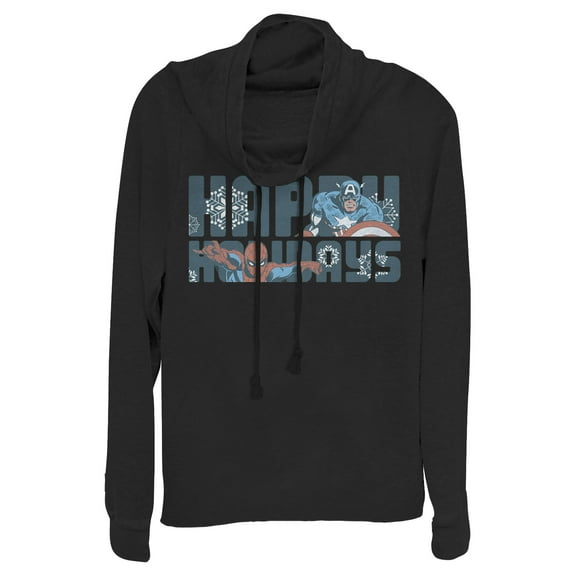 Junior's Marvel Happy Holiday Heroes Cowl Neck Sweatshirt Black 2X Large