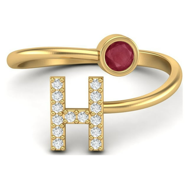 Capital H Initial Letter Ruby Glass Filled Women Ring Adjustable Front Open Ring 925 Sterling Silver Gold Vermeil