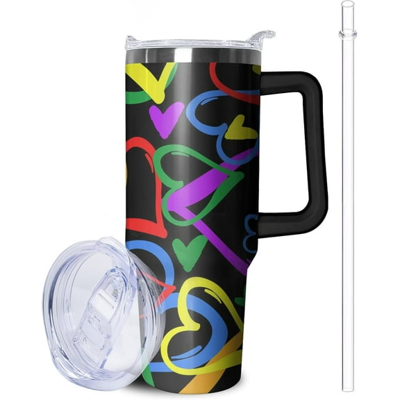 40oz Rainbow Tumbler With Handle and Straws, Gifts For Gays Lesbian LGBTQ, Gay Pride Flag Coffee Mug Water Bottle, LGBT Stainless Steel Insulated Cup,Valentines Birthday Gift
