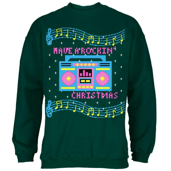Retro Boombox Music Have a Rockin' Ugly Christmas Sweater Mens Sweatshirt Forest Green SM