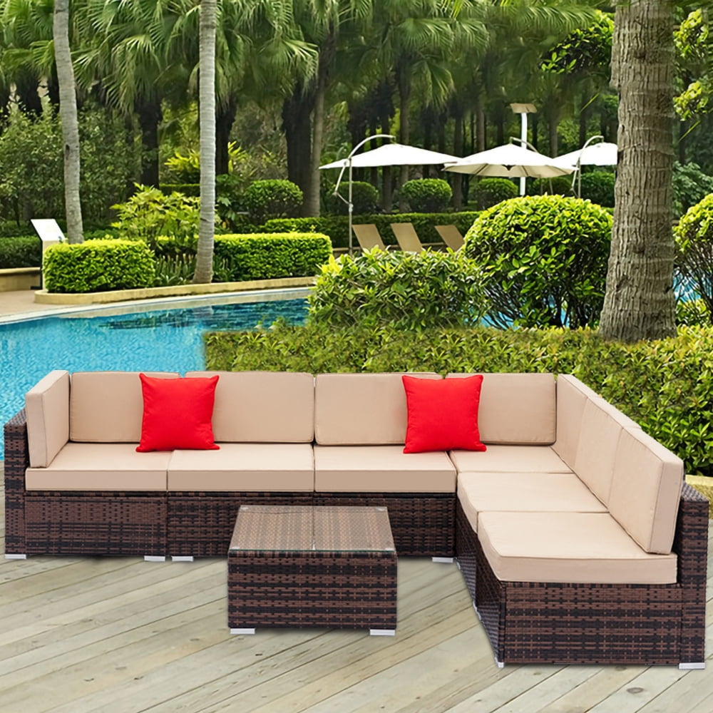 7 Piece Outdoor Patio Furniture Set, 6 Rattan Patio Chairs with Glass Dining Table, AllWeather