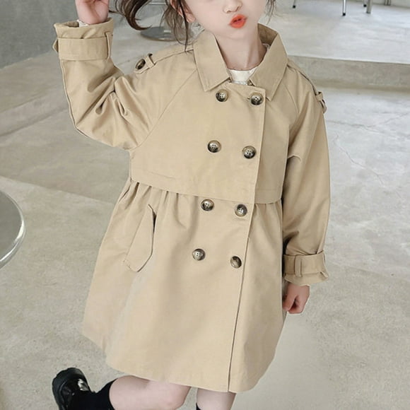 Cowsor Girls Long Trench Coat Double Breasted Oversized Windproof Classic Lapel Fall Overcoat