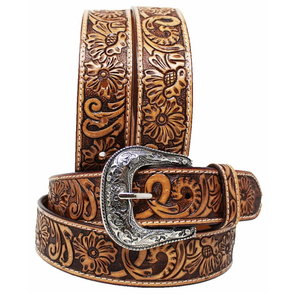 Challenger Men's 1-1/2" Wide Tan Leather Floral Tooled Casual Jean Belt 26FK03
