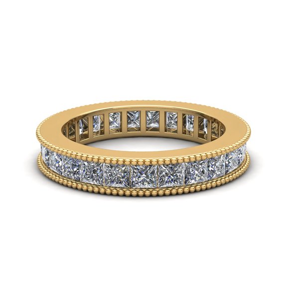 Natural 3.75Ct Princess Cut Diamond Channel Set Milgrain Women's Anniversary Wedding Eternity Band Ring Solid 14k Yellow Gold I SI2