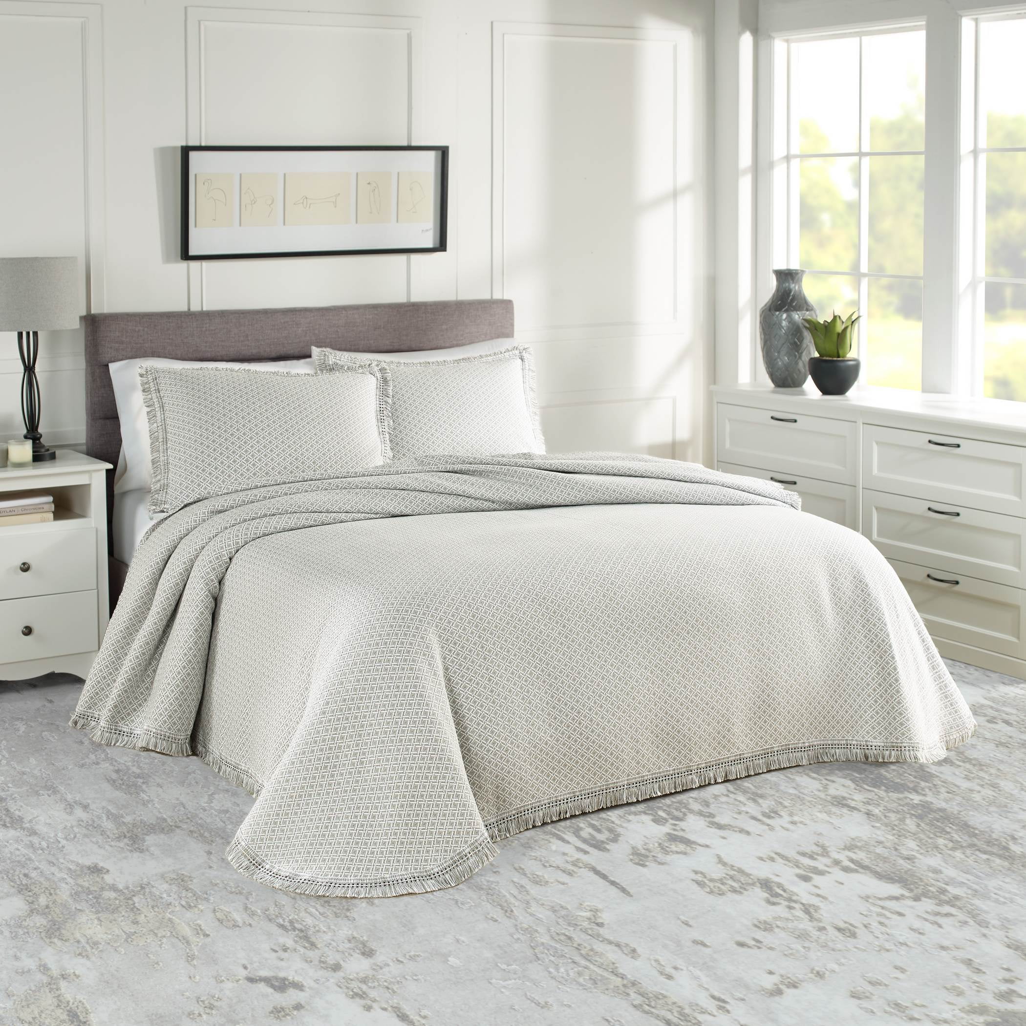 Woven Jacquard Bedspread Set Queen Gray/White