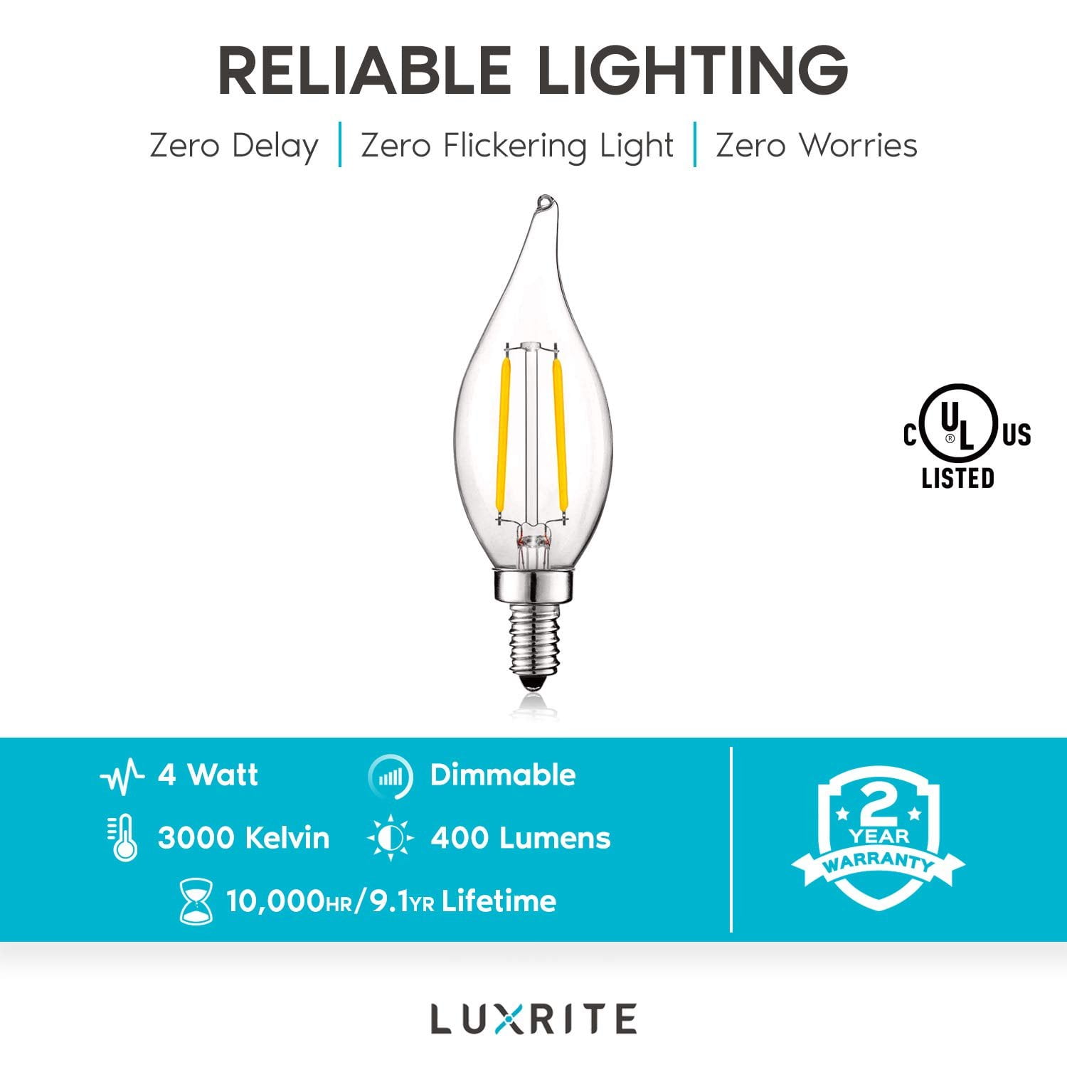 Luxrite 4W E12 Vintage Candelabra Dimmable LED Light Bulbs, 40W Equivalent 400 Lumens, 3000K Soft White, Flame Tip, 12-Pack