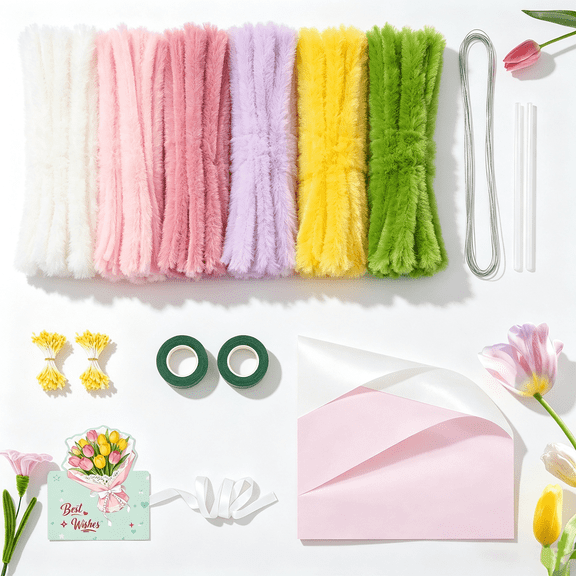 qiqianshu 600-Piece Pipe Cleaners Craft Flower Kit, Colorful Chenille Stems with Stamens and Wrapping Accessories for DIY Bouquets and Gifts
