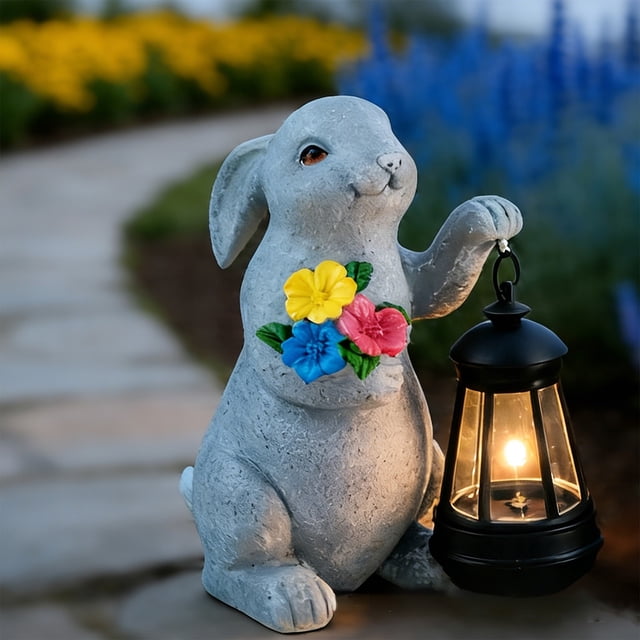 Outdoor Solar Easter Bunny Resin Light Garden Statue Ornament, Solar-Powered Auto On/Off, Durable Fade-Resistant Resin, Weatherproof, for Courtyard Path Balcony Garden Outdoor Easter Decor