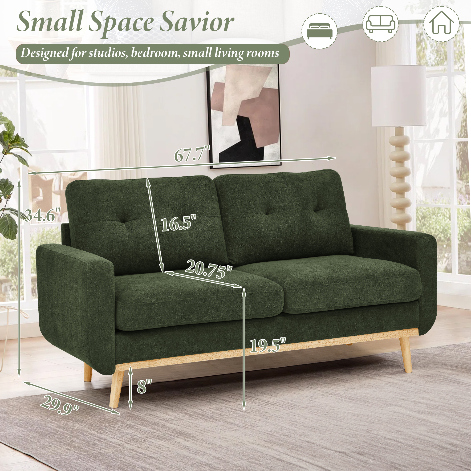 Timbernest 67.7" Loveseat Sofa, Mid-Century Loveseat Couch with Wooden Legs, Green Tufted Upholstery