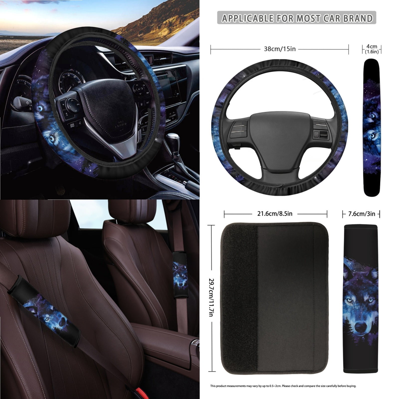 Garronmavis Star Wolf 15 PCS Universal Fit Car Seat Cover Full Set Cup Mats Car Seat Covers Steering Wheel Cover Keychain Car Trash Can Car Dash Accessories Auto Rear View Mirror Covers