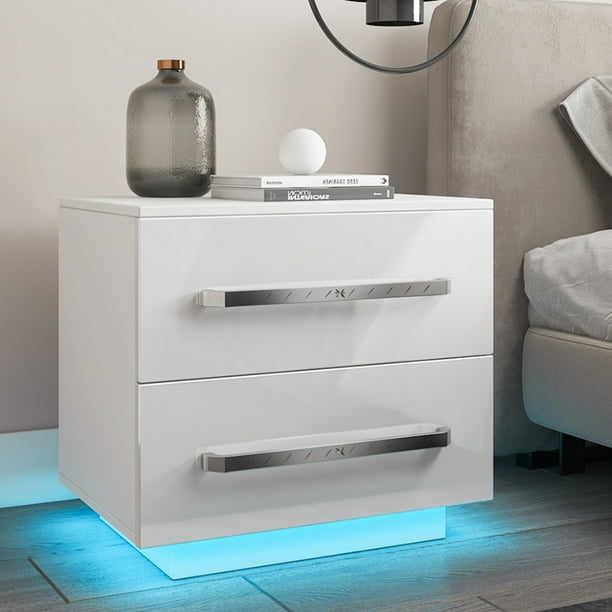 Hommpa Modern LED Nightstand with 2 Drawers High Gloss Bedside Table Led Lights White Night