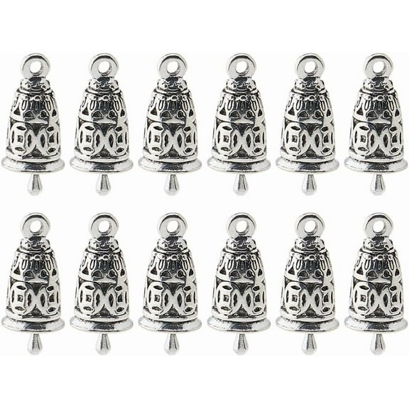 Silver 12pcs Tibetan Style Alloy Pendants Wind Chime Bells Mini Bell Charms Tibetan Silver Bell Charms Pendants for DIY Craft Jewelry Making Xmas Tree Door Hanging Decoration
