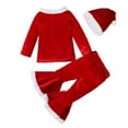 thumbnail image 2 of Toddler Girls Cute Christmas 3Pcs Outfit Sets Xmas Santa Claus Print Tops Flared Pants Hat Set Clothes for Kids Little Girl 1-7Y, Red, 2 of 11