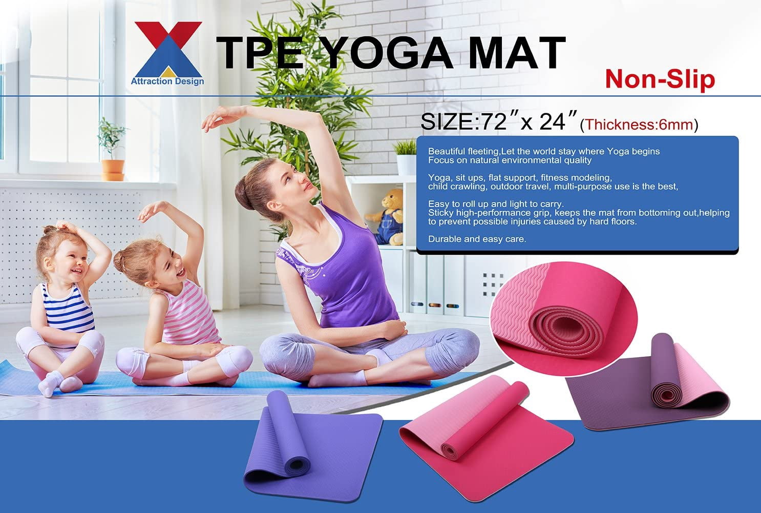 Yoga Mat TPE Eco-friendly Reversible None slip 1/4-inch Thick 24 Inches Wide 72 Inches Long For Pilates Exercise With Carry Strap