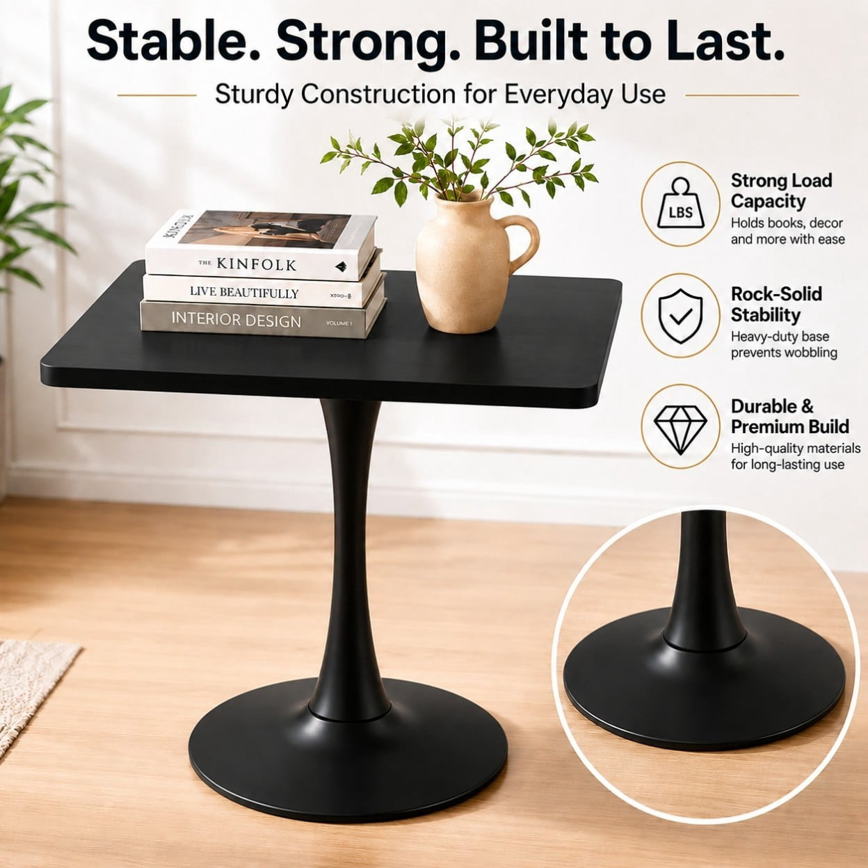 Square Dining Table, 27.6" Tulip Table with Metal Pedestal Base, Mid Century Modern Kitchen Table for 4, Small Space Bistro Table for Apartment, Living Room, Cafe, Black