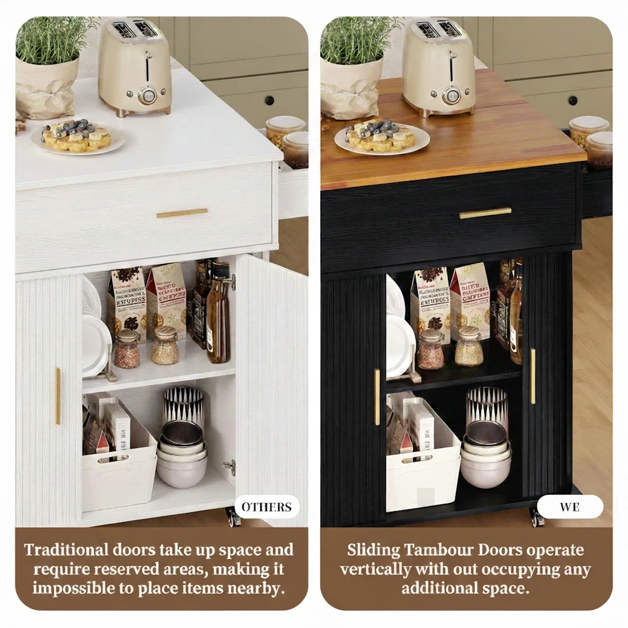 Aisword Rolling Kitchen Island with Drop Leaf Countertop, Mobile Kitchen Cart on Wheels, Sliding Door, Drawers, Spice Rack & 2-Tier Storage, Black