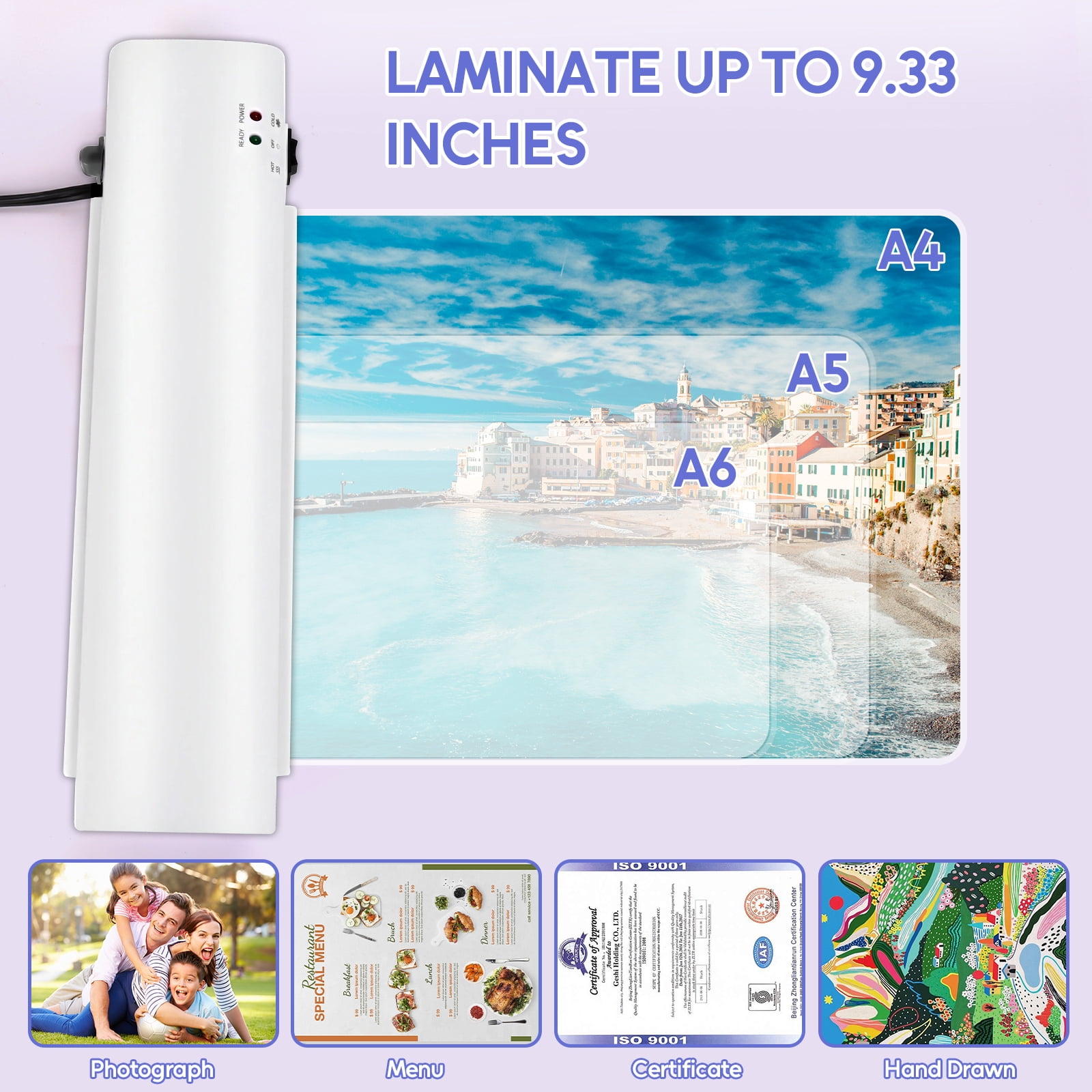 9" Thermal Laminator Machine for A4, 4-in-1 Laminator Set, Includes 40 Laminating Pouches, Paper Trimmer & Corner Rounder, for Home Office School Use - White
